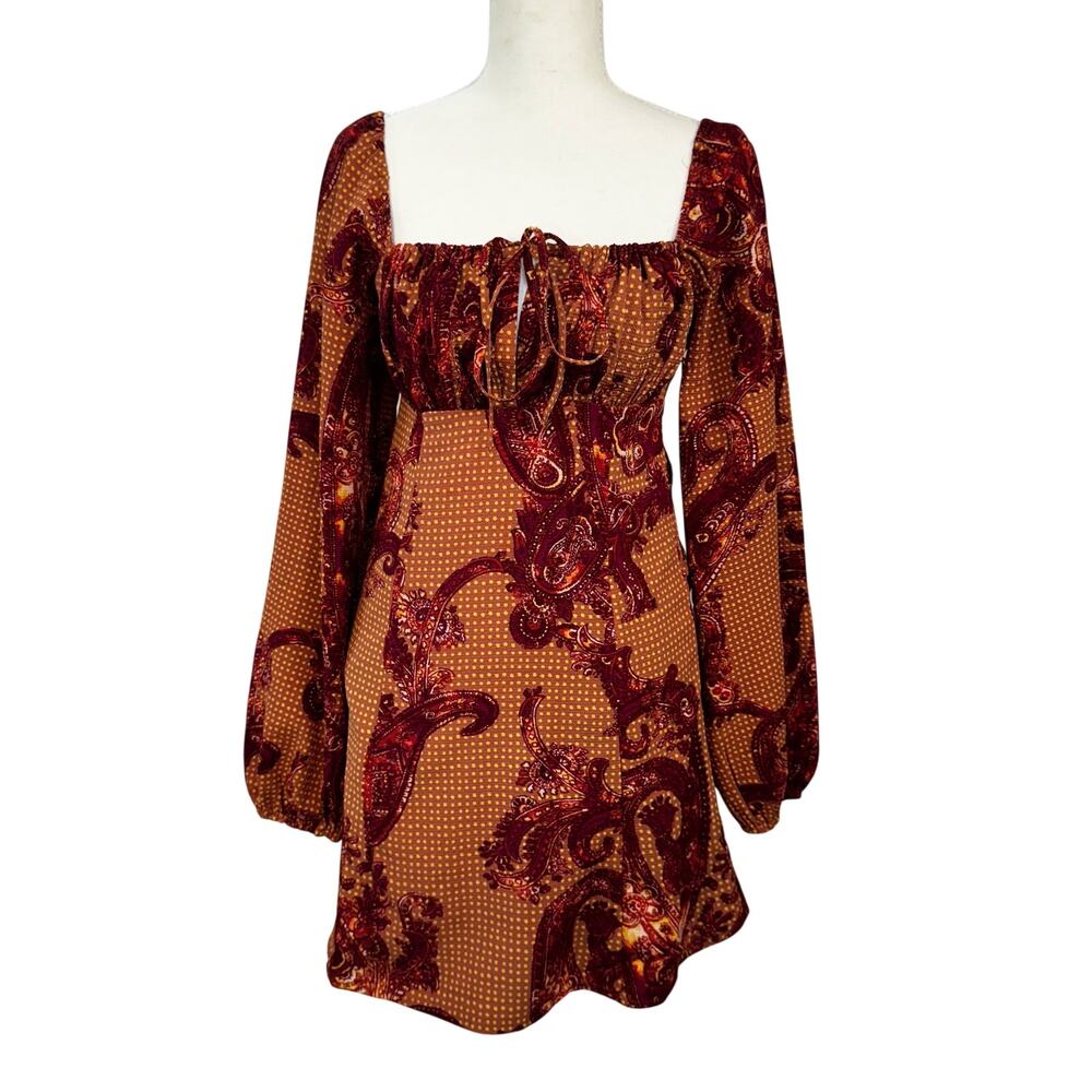 Urban Outfitters Paisley Mini Dress Smocked Balloon Sleeve Boho Small Peasant - Picture 4 of 16